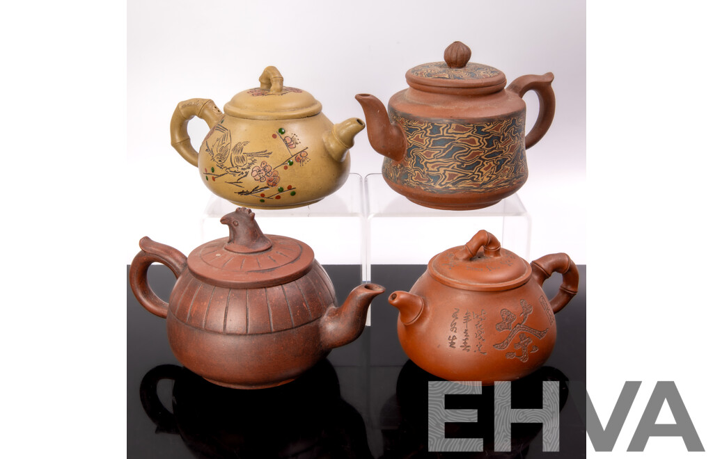 Collection Four Vintage Chinese Yixing Zisha Clay Teapots Including Ming Jun Example, Example with Cockerel Finial and Two with Branch Form Handles