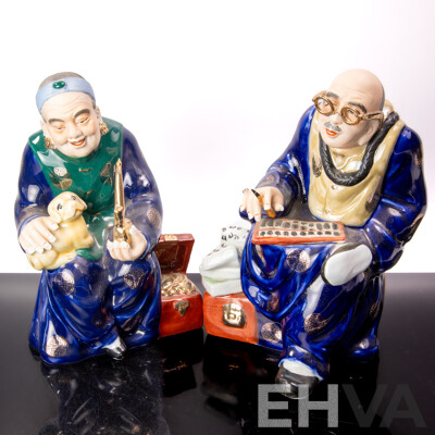 Chinese Hand Painted Porcelain Old Man and Woman Figures, Contemporary