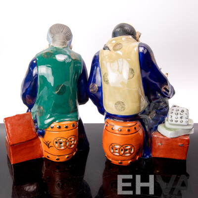 Chinese Hand Painted Porcelain Old Man and Woman Figures, Contemporary