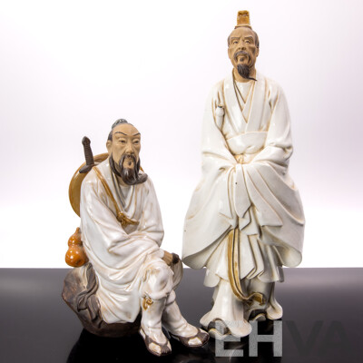 Two Chinese Hand Painted Mud Men Pottery Figures of Scholar and Warrior