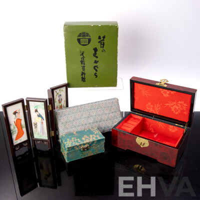 Collection Asian Souvenir Ware Including Japanese Sake Set in Box, Hand Painted Miniature Folding Screen, Set Four Reverse Painted Glass Snuff Bottles in Case, Box with Carved Cork Panel to Top and More