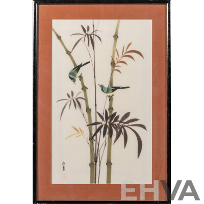 Artist Unknown, (20th Century, Japanese), Pair of Yellow Bellied Birds on Bamboo, Original Vintage Watercolour on Silk Panel, 50 x 34 cm (frame) Artist Unknown, (20th Century, Japanese), Pair of Yellow Bellied Birds on Bamboo, Original Vintage Watercolour on Silk Panel, 50 x 34 cm (frame)