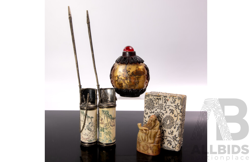 Collection Vintage Chinese Pieces Comprising Soft Stone Seals in Box, Pair Bone Pipes with Etched Scenes and Reverse Painted Glass Snuff Bottle with Detail to Sides