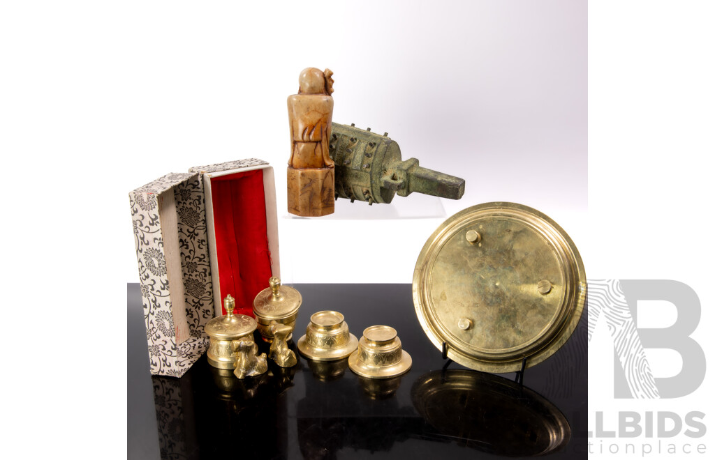 Collection Vintage Chinese Pieces Comprising Soft Stone Seal of Shou Lao with Peach of Immortality in Box, Seven Piece Brass Set and Eastern Zhou Dynasty Style Yong Zhong Bronze Bell