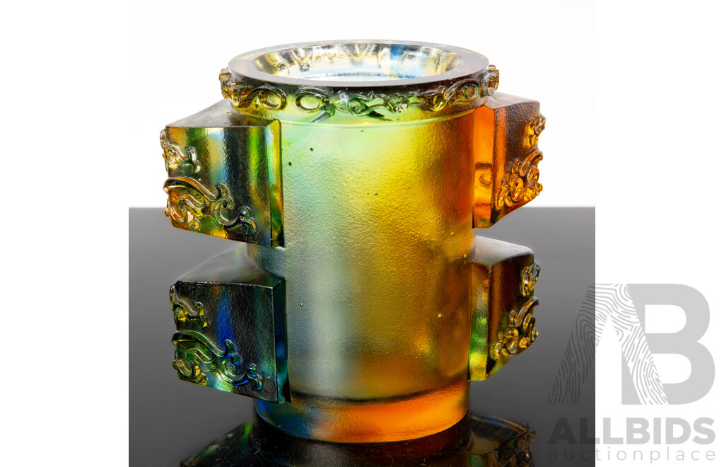 Chinese Pâte-de-verre Cast Liu Li Art Glass Brush Washer with Multi Coloured Palette, Signed to Base