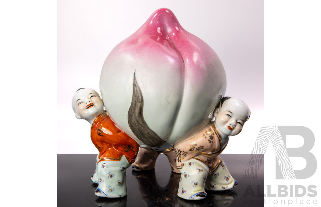 Antique Chinese Hand Painted Porcelain Decorative Centrepiece of Children Holding Giant Peach of Immortality