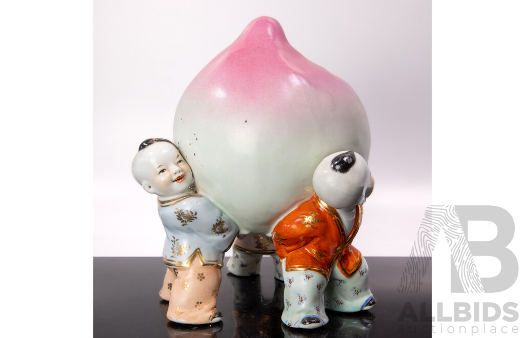 Antique Chinese Hand Painted Porcelain Decorative Centrepiece of Children Holding Giant Peach of Immortality