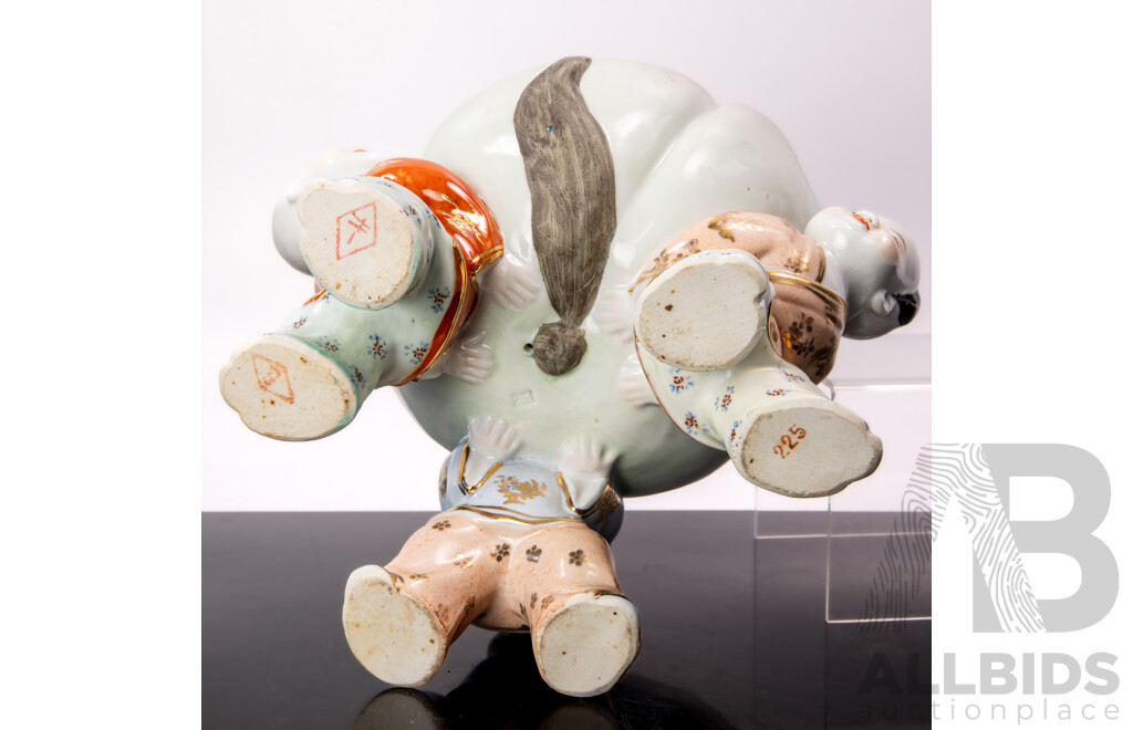 Antique Chinese Hand Painted Porcelain Decorative Centrepiece of Children Holding Giant Peach of Immortality