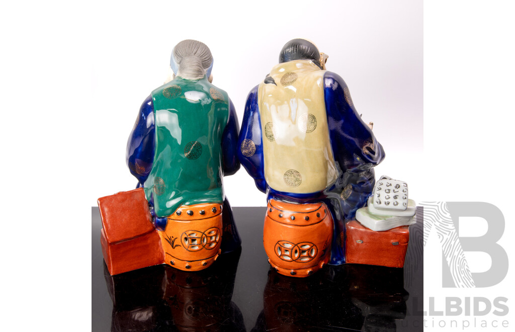 Chinese Hand Painted Porcelain Old Man and Woman Figures, Contemporary