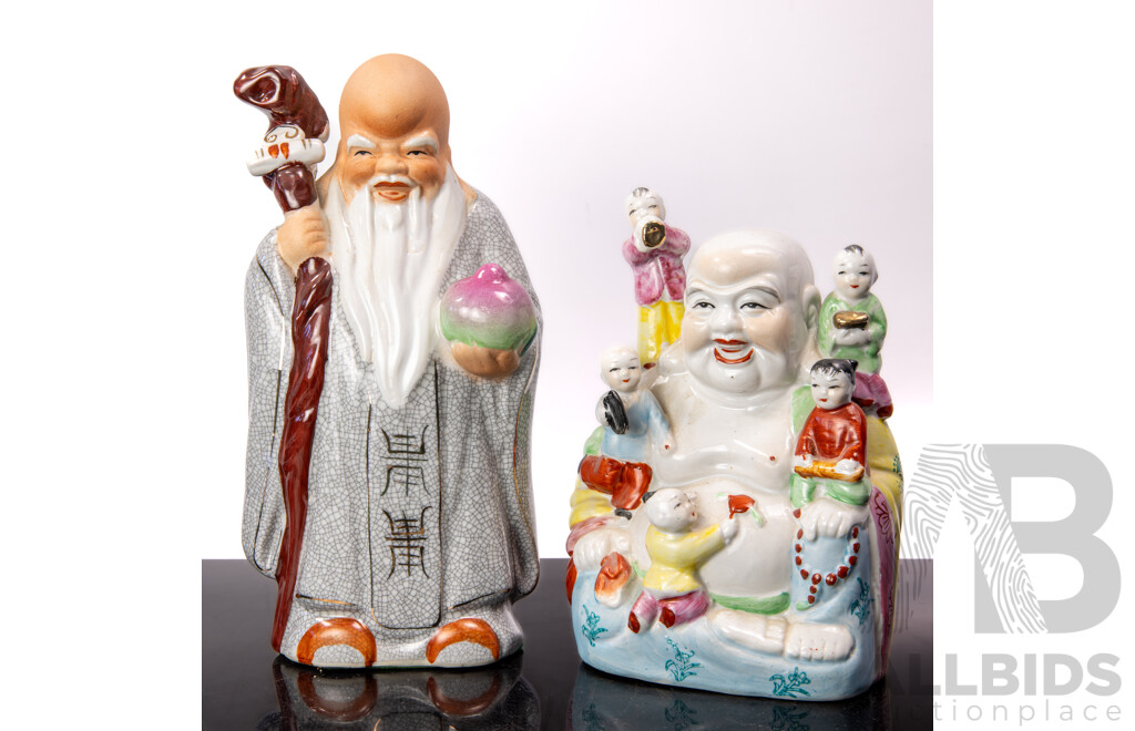 Chinese Hand Painted Porcelain Buddha with Children Figure Along with Porcelain Shou Xing with Peach of Immortality Figure