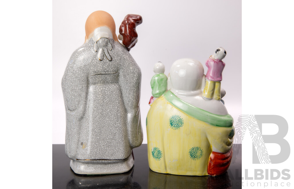 Chinese Hand Painted Porcelain Buddha with Children Figure Along with Porcelain Shou Xing with Peach of Immortality Figure