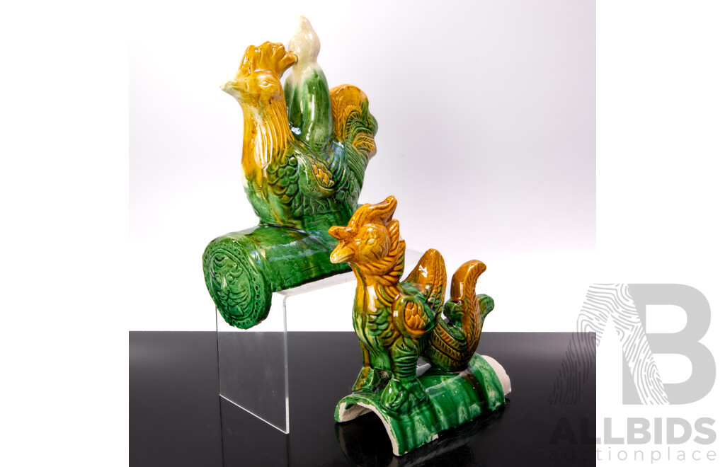 Two Chinese Terracotta Tang Style Sancai Glazed Roof Tiles with Phoenix and Taoist Immortal Riding Cockerel