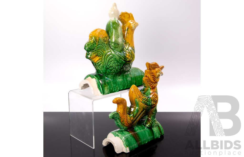 Two Chinese Terracotta Tang Style Sancai Glazed Roof Tiles with Phoenix and Taoist Immortal Riding Cockerel