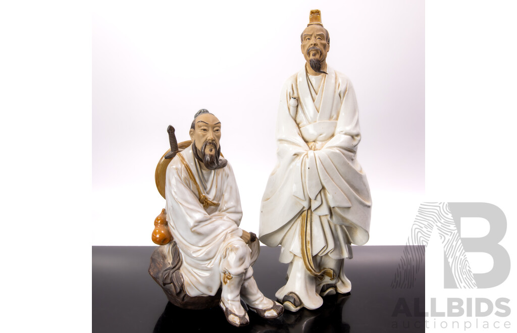 Two Chinese Hand Painted Mud Men Pottery Figures of Scholar and Warrior