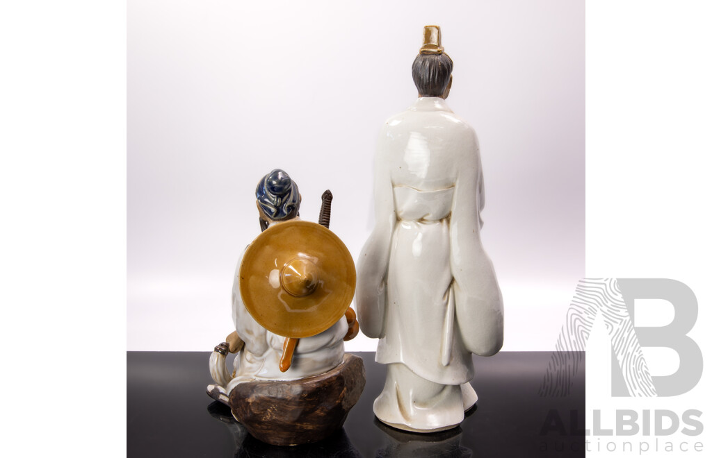 Two Chinese Hand Painted Mud Men Pottery Figures of Scholar and Warrior