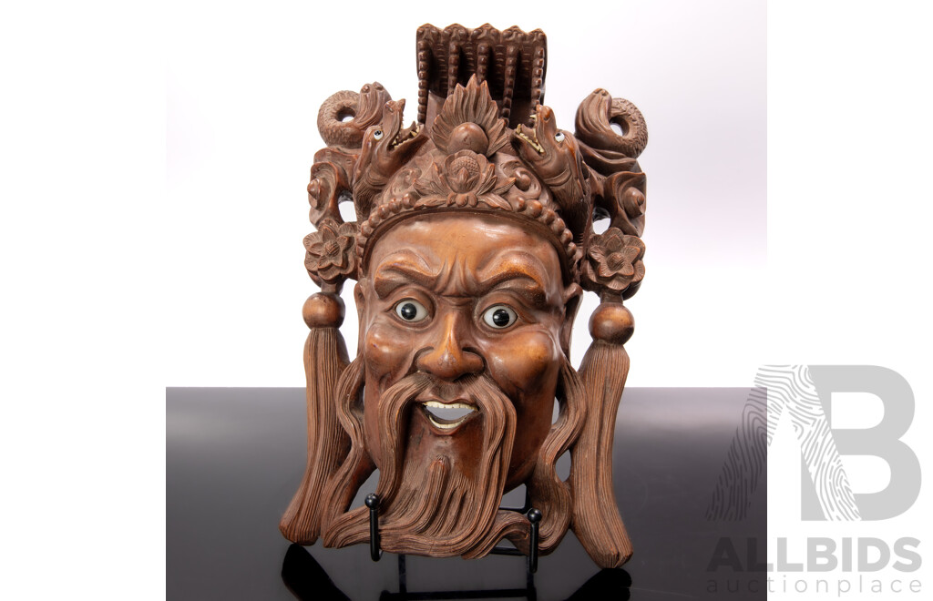 Chinese Carved Wooden Emperor Mask with Dragon Detail to Crown