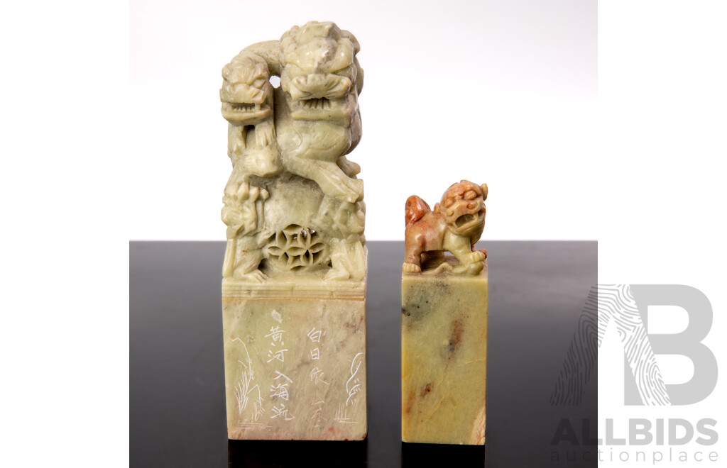 Two Chinese Carved Soft Sone Seals with Pho Dogs to Top