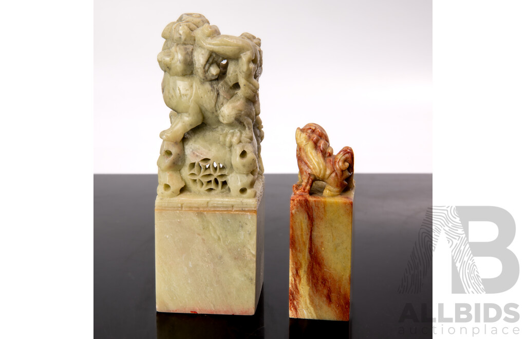 Two Chinese Carved Soft Sone Seals with Pho Dogs to Top