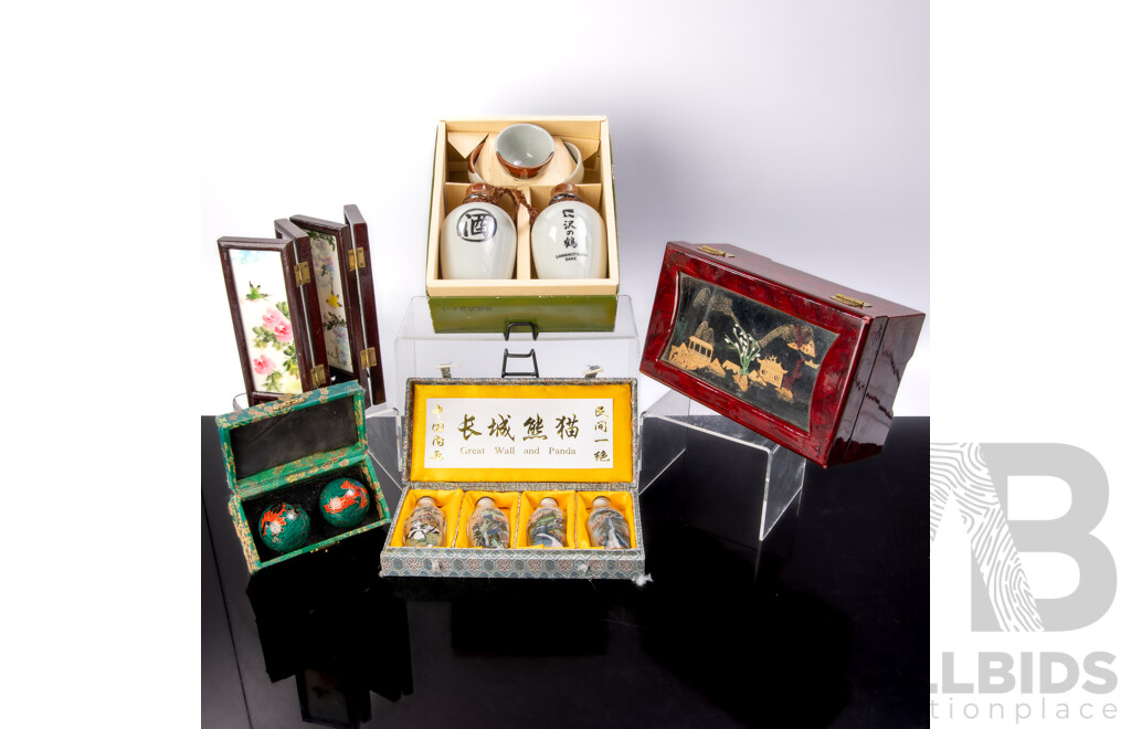 Collection Asian Souvenir Ware Including Japanese Sake Set in Box, Hand Painted Miniature Folding Screen, Set Four Reverse Painted Glass Snuff Bottles in Case, Box with Carved Cork Panel to Top and More