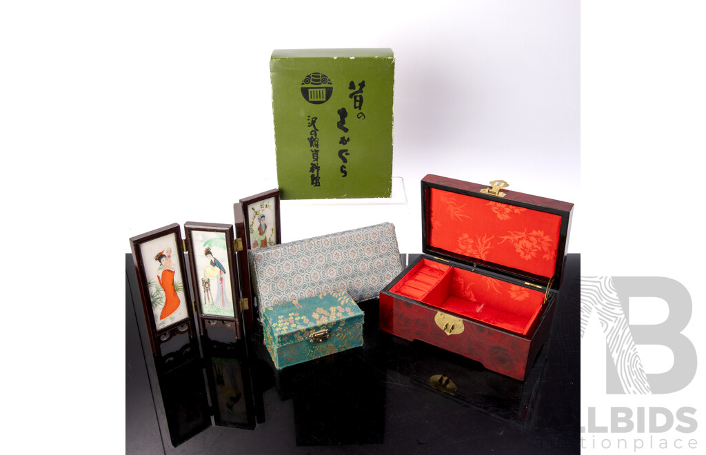 Collection Asian Souvenir Ware Including Japanese Sake Set in Box, Hand Painted Miniature Folding Screen, Set Four Reverse Painted Glass Snuff Bottles in Case, Box with Carved Cork Panel to Top and More