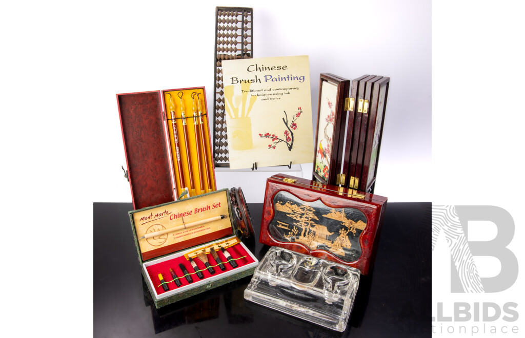 Collection Asian Souvenir Ware Including Hand Painted Miniature Folding Screen, Calligraphy Brush Set in Case, Box with Carved Cork Panel to Top and More