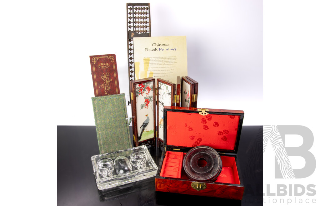 Collection Asian Souvenir Ware Including Hand Painted Miniature Folding Screen, Calligraphy Brush Set in Case, Box with Carved Cork Panel to Top and More