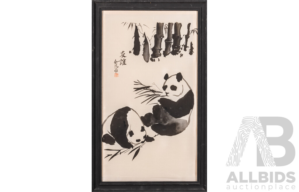 Artist Unknown, (Chinese School), A Bright Future (Horse) & Friendship (Pandas), Lovely Pair of Framed Vintage Ink & Wash on Silk, 54 x 33 cm (frames) (2)