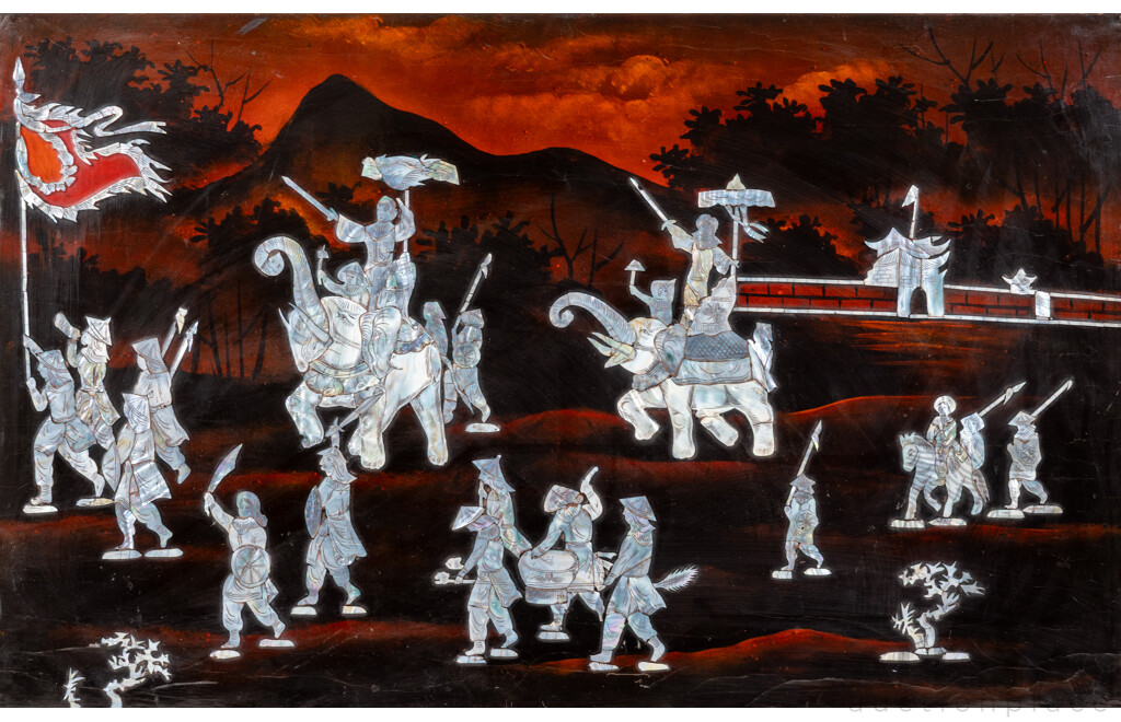 Imperial Army on Elephants (20th Century, Chinese School), Vintage Chinese Mother of Pearl on Lacquered Wood Panel, (c1940-50s), 49 x 79 cm