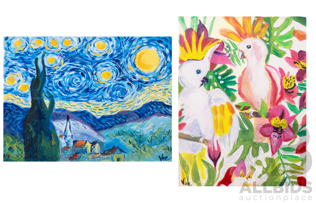 Vee, (20th Century), 2 Parrots & Starry Night, Pair of Original Oils on Canvas, 41 x 31 & 31 x 41 cm (2)