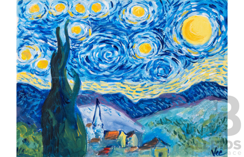 Vee, (20th Century), 2 Parrots & Starry Night, Pair of Original Oils on Canvas, 41 x 31 & 31 x 41 cm (2)