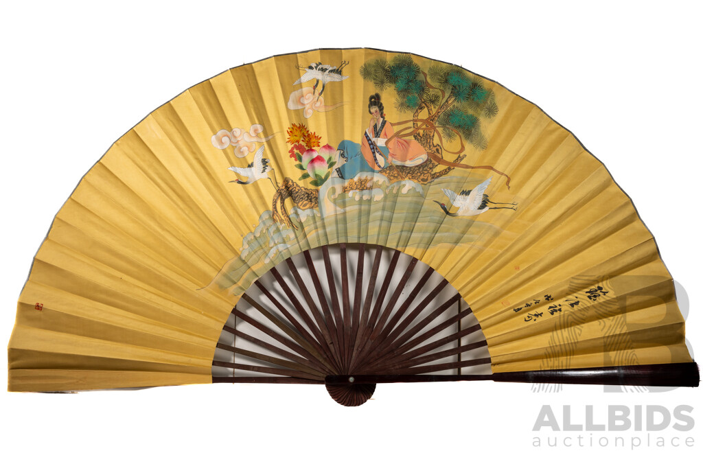 Artist Unknown (20th Century, Japanese School), Stranded Geisha in Contemplation with Cranes, Beautiful Vintage Hand Painted Folding Fan, Ink & Wash, 102 X 180 Cm (approx when opened)