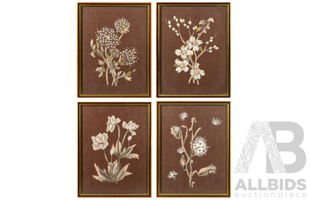 Artist Unknown (20th Century), Four Studies of Flowers, Wonderful Collection of Vintage Hand Embroidered Long & Short Stitch on Brown Linen Panels, 40 x 32 cm (frames) (4)