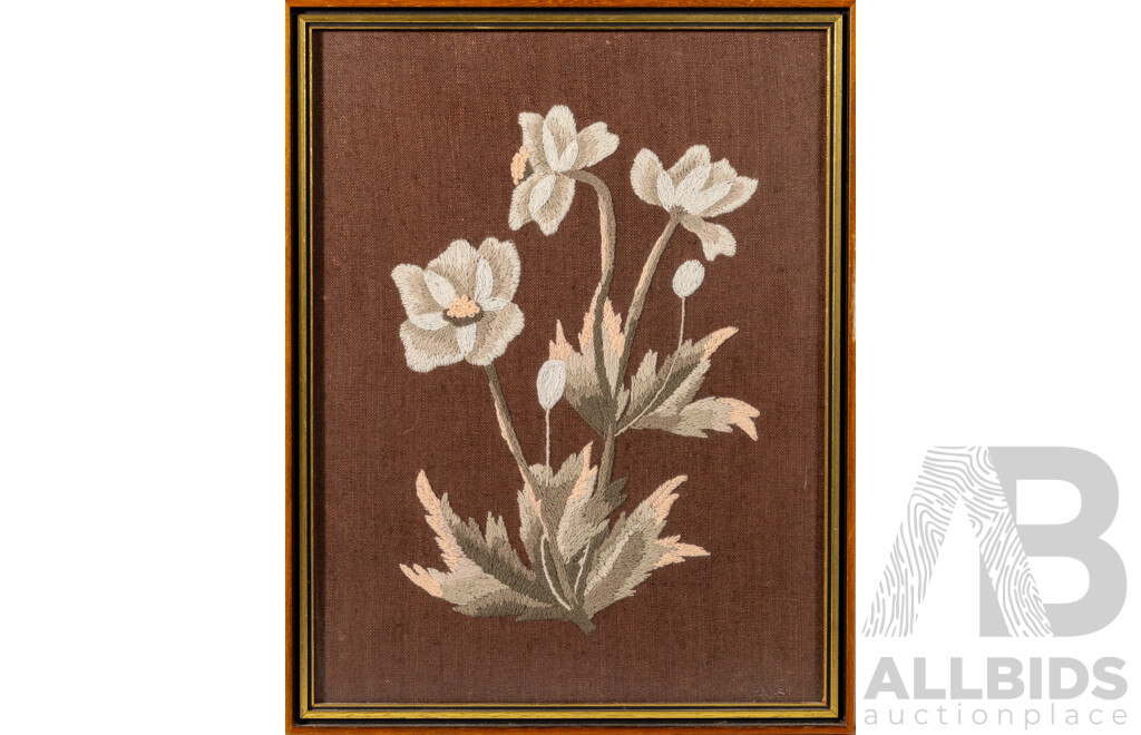 Artist Unknown (20th Century), Four Studies of Flowers, Wonderful Collection of Vintage Hand Embroidered Long & Short Stitch on Brown Linen Panels, 40 x 32 cm (frames) (4)