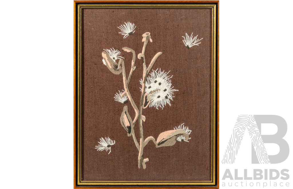 Artist Unknown (20th Century), Four Studies of Flowers, Wonderful Collection of Vintage Hand Embroidered Long & Short Stitch on Brown Linen Panels, 40 x 32 cm (frames) (4)