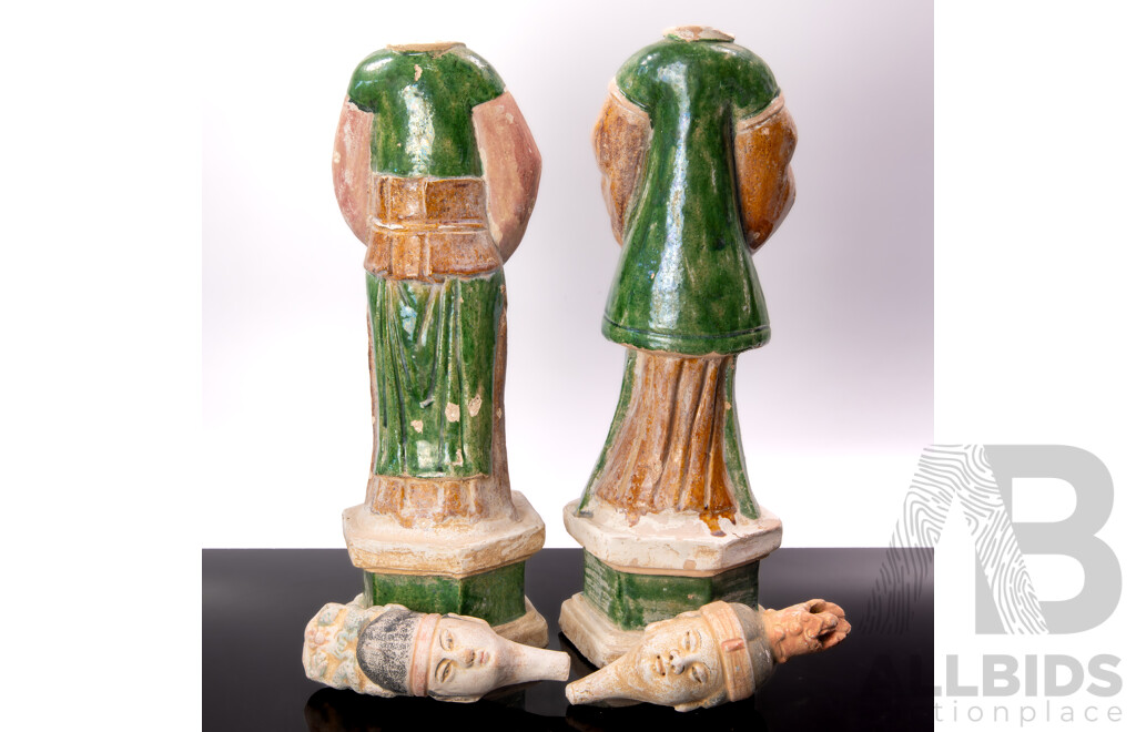 Two Vintage Chinese Terracotta Tang Style Offering Funerary Figures with Sancai Glaze, Hexagonal Base and Detachable Heads