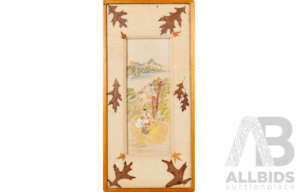 Artist Unknown (Early 20th Century, Chinese School), Working on the Fields, Lovely Hand Embroidered Long Stitch Silk Thread on Silk Panel, 58.5 x 28 cm (frame)