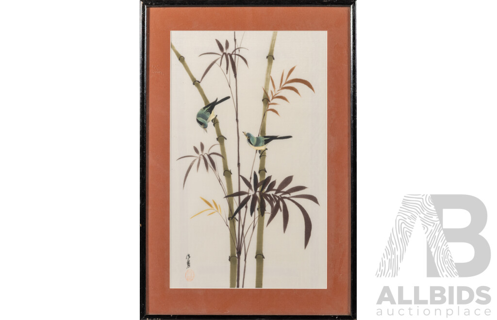Artist Unknown, (20th Century, Japanese), Pair of Yellow Bellied Birds on Bamboo, Original Vintage Watercolour on Silk Panel, 50 x 34 cm (frame)