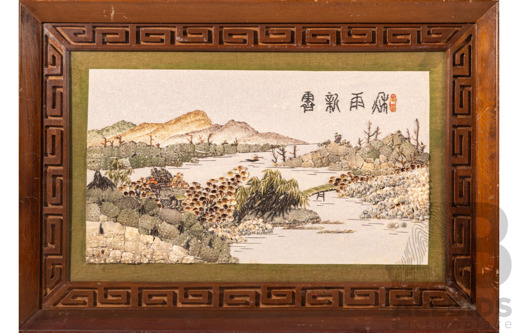 Artist Unknown, (20th Century, Chinese School), Lone Fisherman, Wonderful Vintage Natural Textile Shell & Sand Mixed Media, 34 x 49 cm (frame)