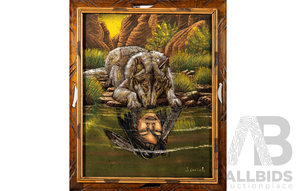 (After) Ernesto Sanchez (19/20th Century, Mexican. 1866-1935), American Wolf Spirit, Vintage Pigment Printed on Cloth, Made in Mexico, 58 x 48 cm (frame)