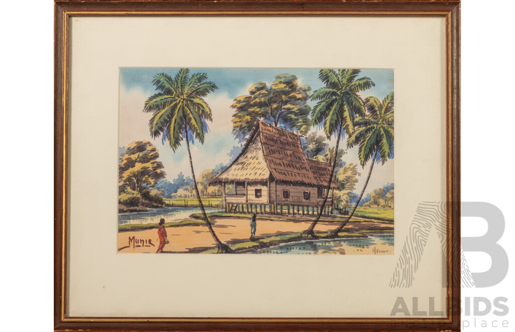 Munir, (20th Century, Asian School), Straw Hut with Palms, Original Vintage Watercolour, 33 X 40 cm (frame)