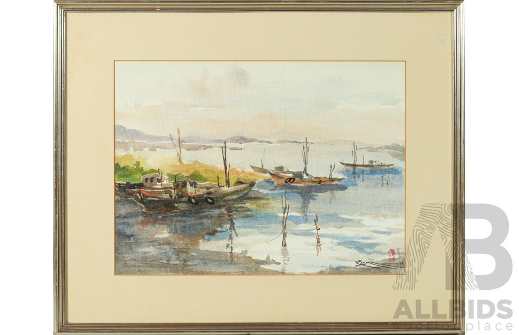 Rosma Mahyuddin Guha, (20th Century, Sumatran, 1932-), Fishing Boats at Dawn, Original Editioned Watercolour on Canvas, 50 x 60 cm (frame)