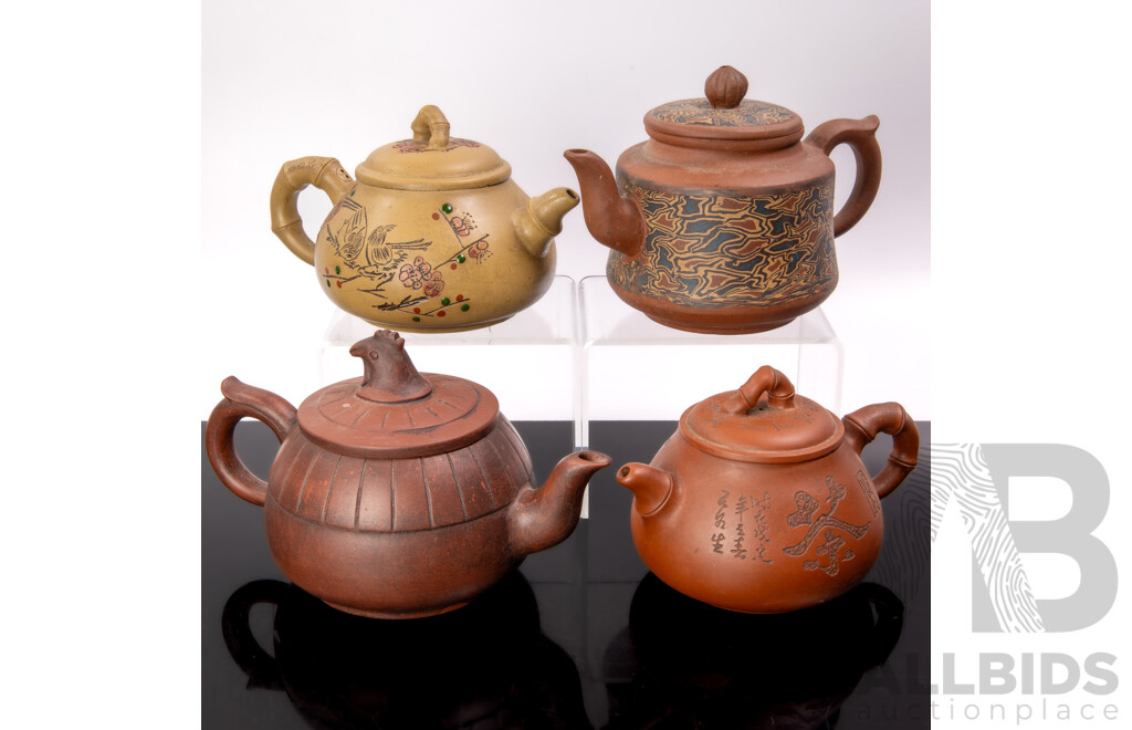 Collection Four Vintage Chinese Yixing Zisha Clay Teapots Including Ming Jun Example, Example with Cockerel Finial and Two with Branch Form Handles