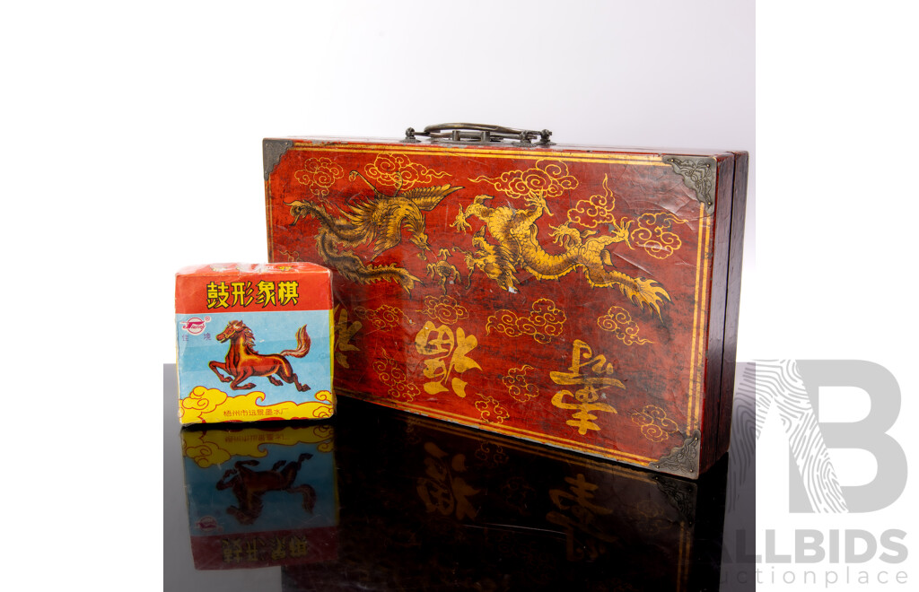 Vintage Chinese Chess Xianqi Board Game with Folding Board, Hand Painted Exterior and Pieces Along with Another Vintage Chinese Game in Original Packet