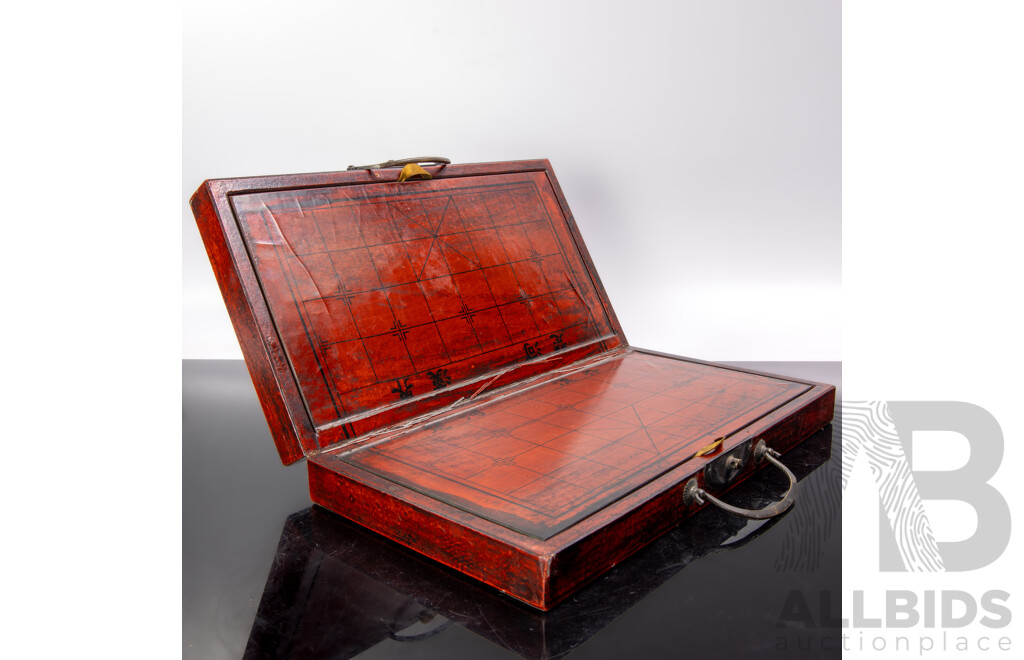 Vintage Chinese Chess Xianqi Board Game with Folding Board, Hand Painted Exterior and Pieces Along with Another Vintage Chinese Game in Original Packet