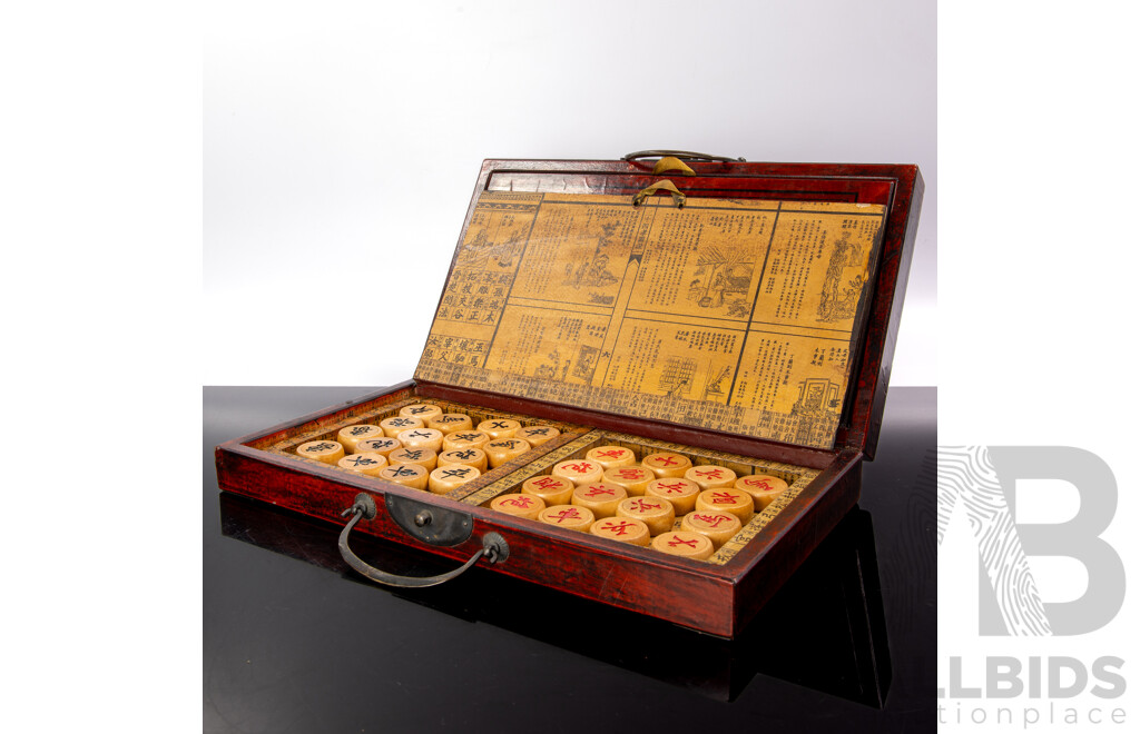 Vintage Chinese Chess Xianqi Board Game with Folding Board, Hand Painted Exterior and Pieces Along with Another Vintage Chinese Game in Original Packet