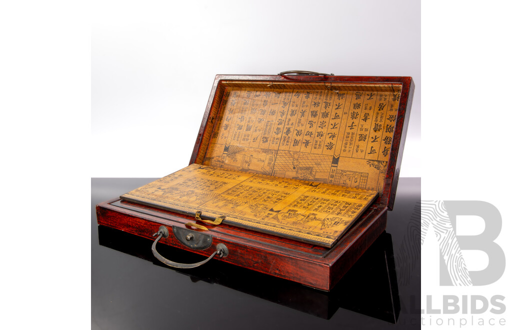 Vintage Chinese Chess Xianqi Board Game with Folding Board, Hand Painted Exterior and Pieces Along with Another Vintage Chinese Game in Original Packet