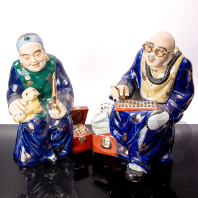 Chinese Hand Painted Porcelain Old Man and Woman Figures, Contemporary
