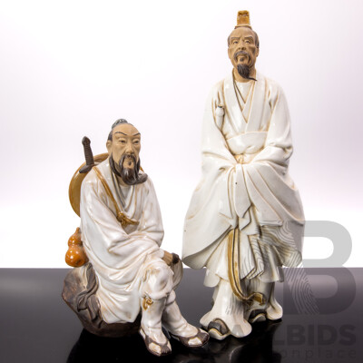 Two Chinese Hand Painted Mud Men Pottery Figures of Scholar and Warrior