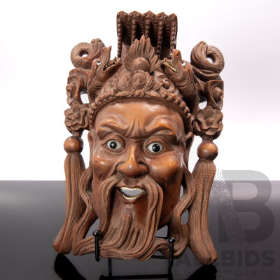 Chinese Carved Wooden Emperor Mask with Dragon Detail to Crown