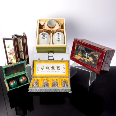 Collection Asian Souvenir Ware Including Japanese Sake Set in Box, Hand Painted Miniature Folding Screen, Set Four Reverse Painted Glass Snuff Bottles in Case, Box with Carved Cork Panel to Top and More